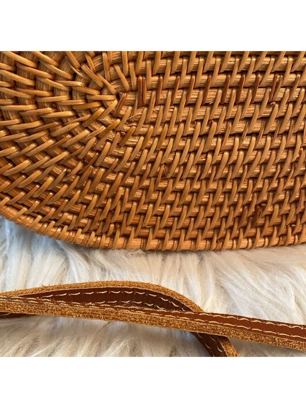 Oval Woven Rattan Bag with Long Leather Strap - Picture 14 of 16